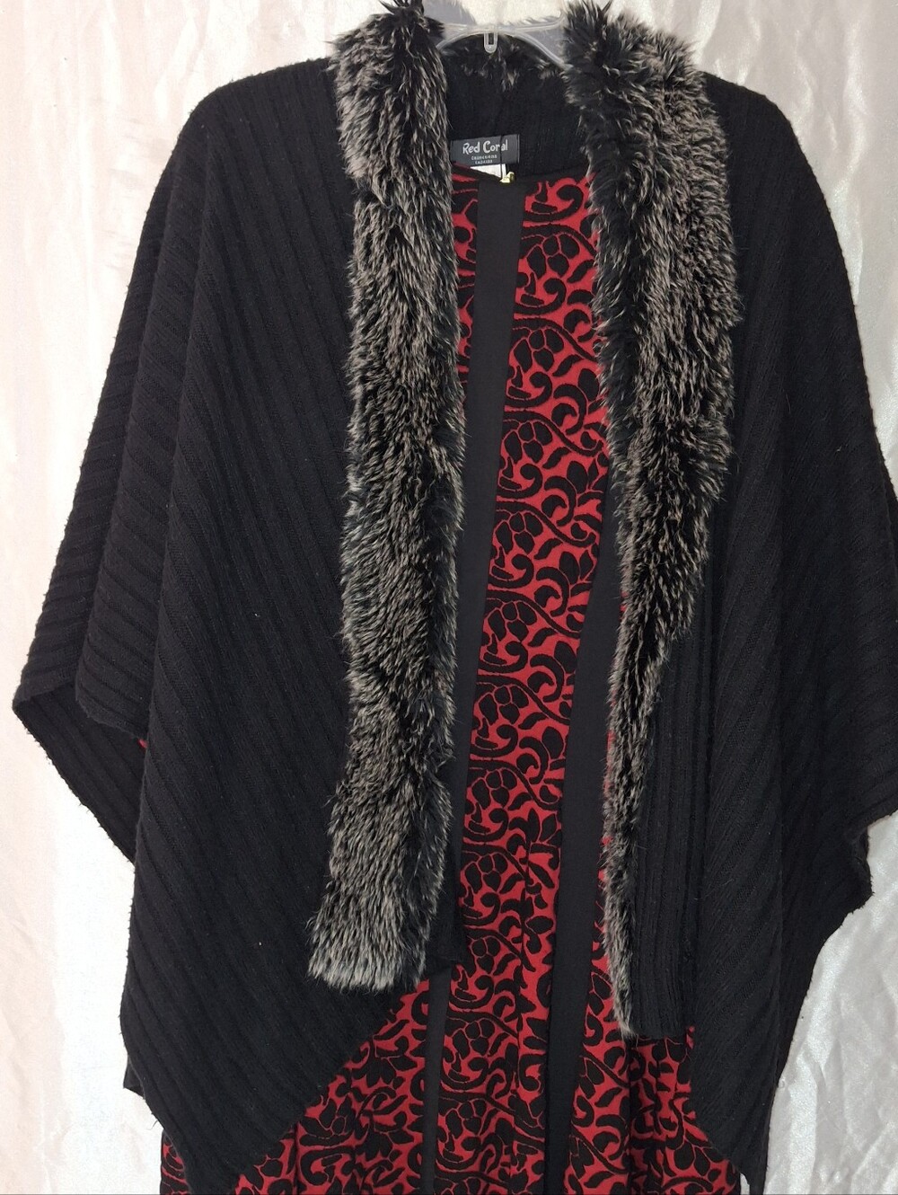 WRAP ONLY, Red Coral Brand Wrap/Poncho, Black And Gray,Open Front, Faux Fur Trim